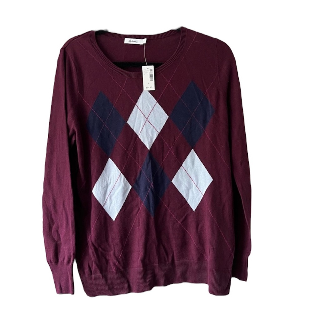 NWT Reitmans Argyle Pattern Round Neck Sweater Long Sleeve purple size large